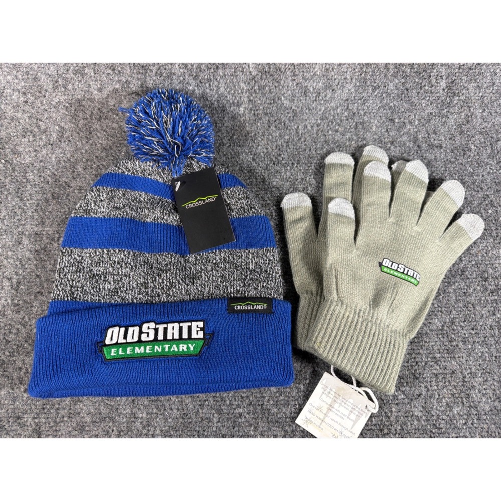 Crossland Old State Elementary Beanie and Touchscreen Gloves Set Blue Grey NWT
